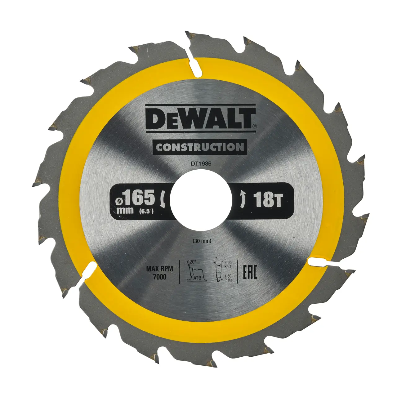 DeWalt Hoja Para Sierra Circular Portátil Para Construcción 165X30Mm 18D Atb , 20º · DT1936-QZ