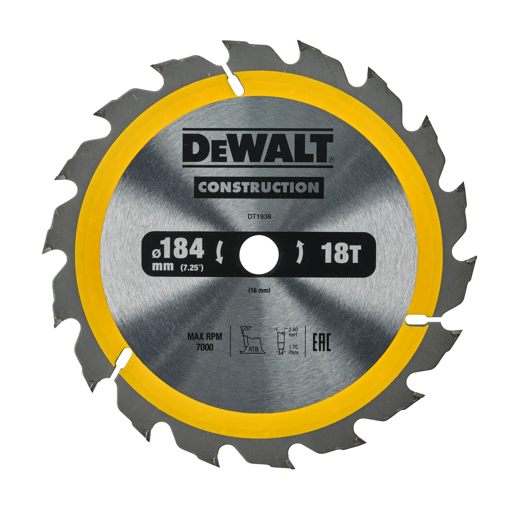 Hoja de sierra circular DEWALT, plateada con aro amarillo, DT1938-QZ, DT1938, construcción, frente.