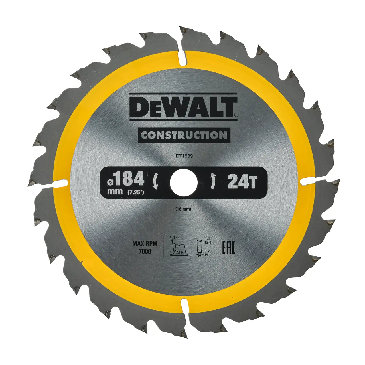 DeWalt Hoja Para Sierra Circular Portátil Para Construcción 184X16Mm 24D Atb , 20º · DT1939-QZ