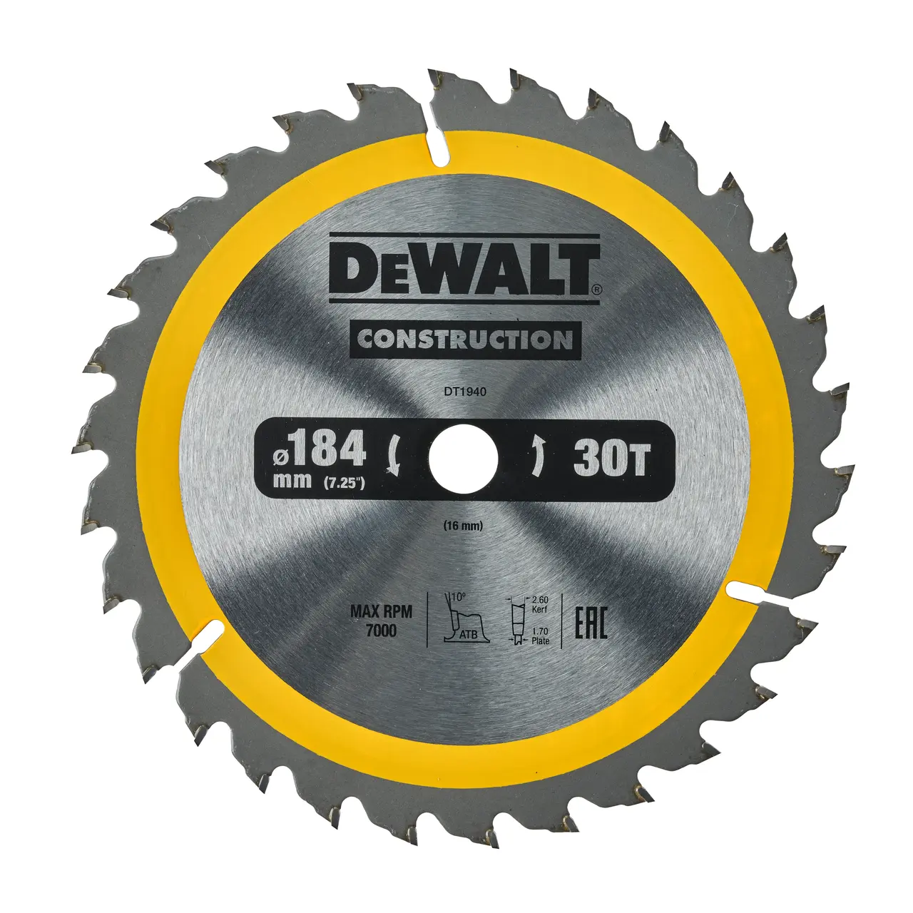 DeWalt Hoja Para Sierra Circular Portátil Para Construcción 184X16Mm 30D Atb , 10º · DT1940-QZ