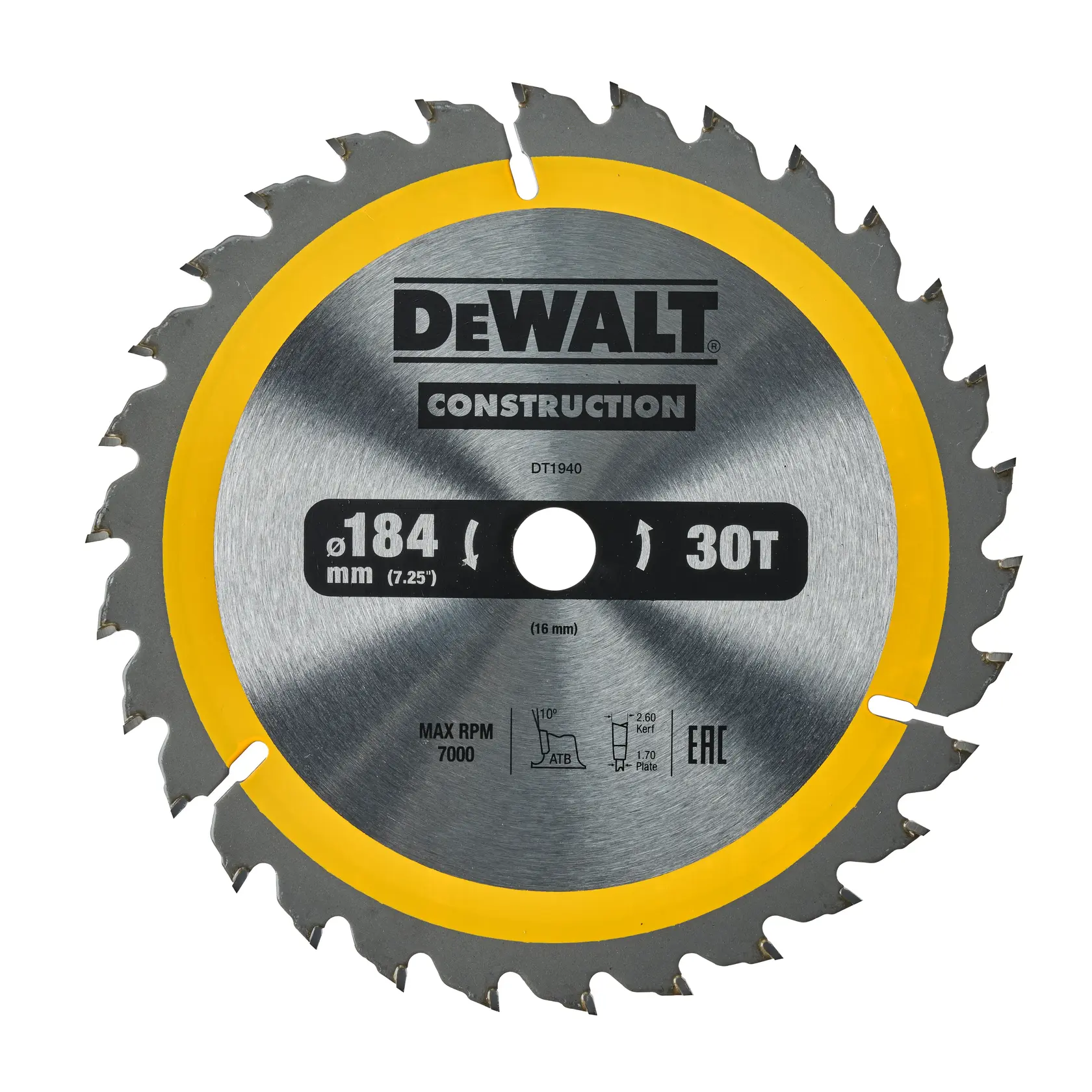 Foto disco sierra circular DEWALT, 184mm 30T, plata-amarillo, SKUs DT1940-QZ, DT1940, vista frontal.
