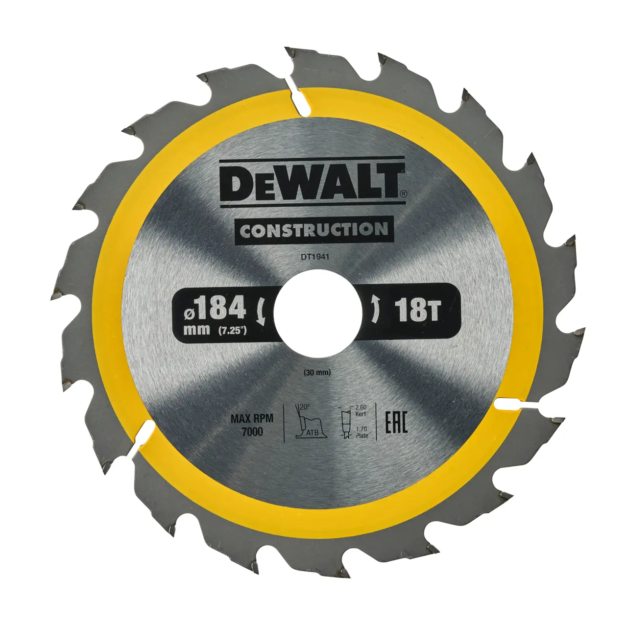 DeWalt Hoja Para Sierra Circular Portátil Para Construcción 184X30Mm 18D Atb , 20º · DT1941-QZ