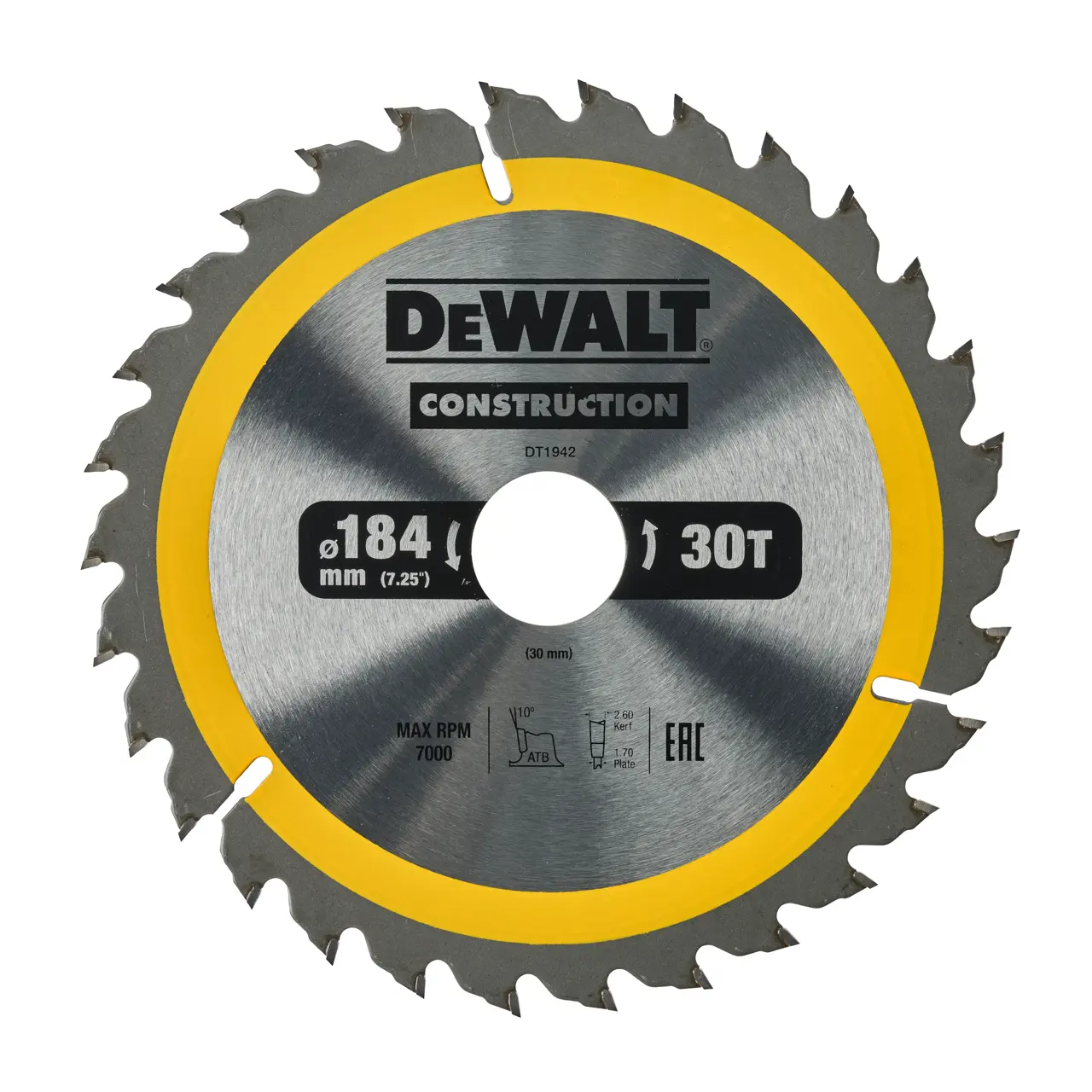 DeWalt Hoja Para Sierra Circular Portátil Para Construcción 184X30Mm 30D Atb , 10º · DT1942-QZ