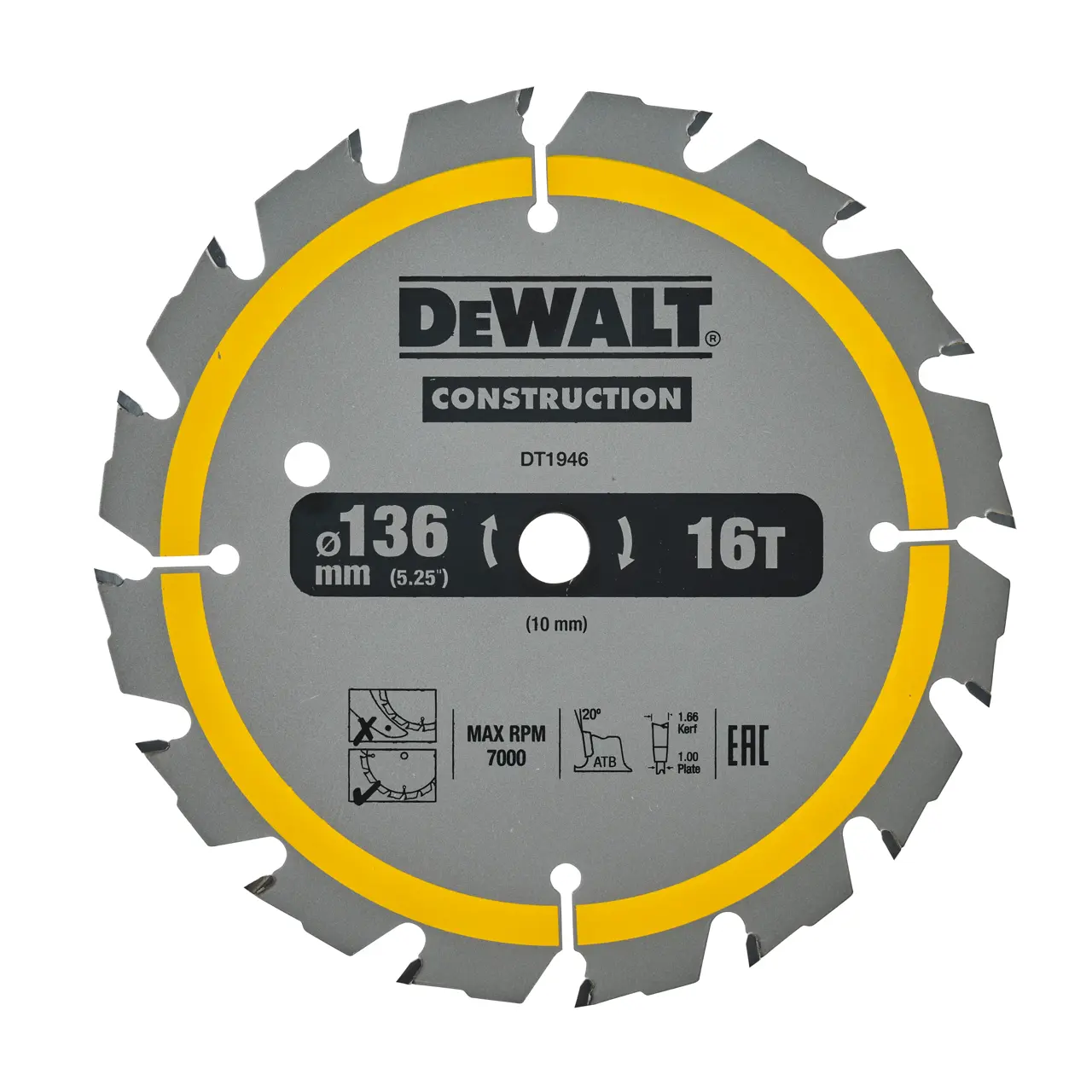 DeWalt Hoja Para Sierra Circular Portátil Para Construcción 136X30Mm 16D Atb , 20º · DT1946-QZ