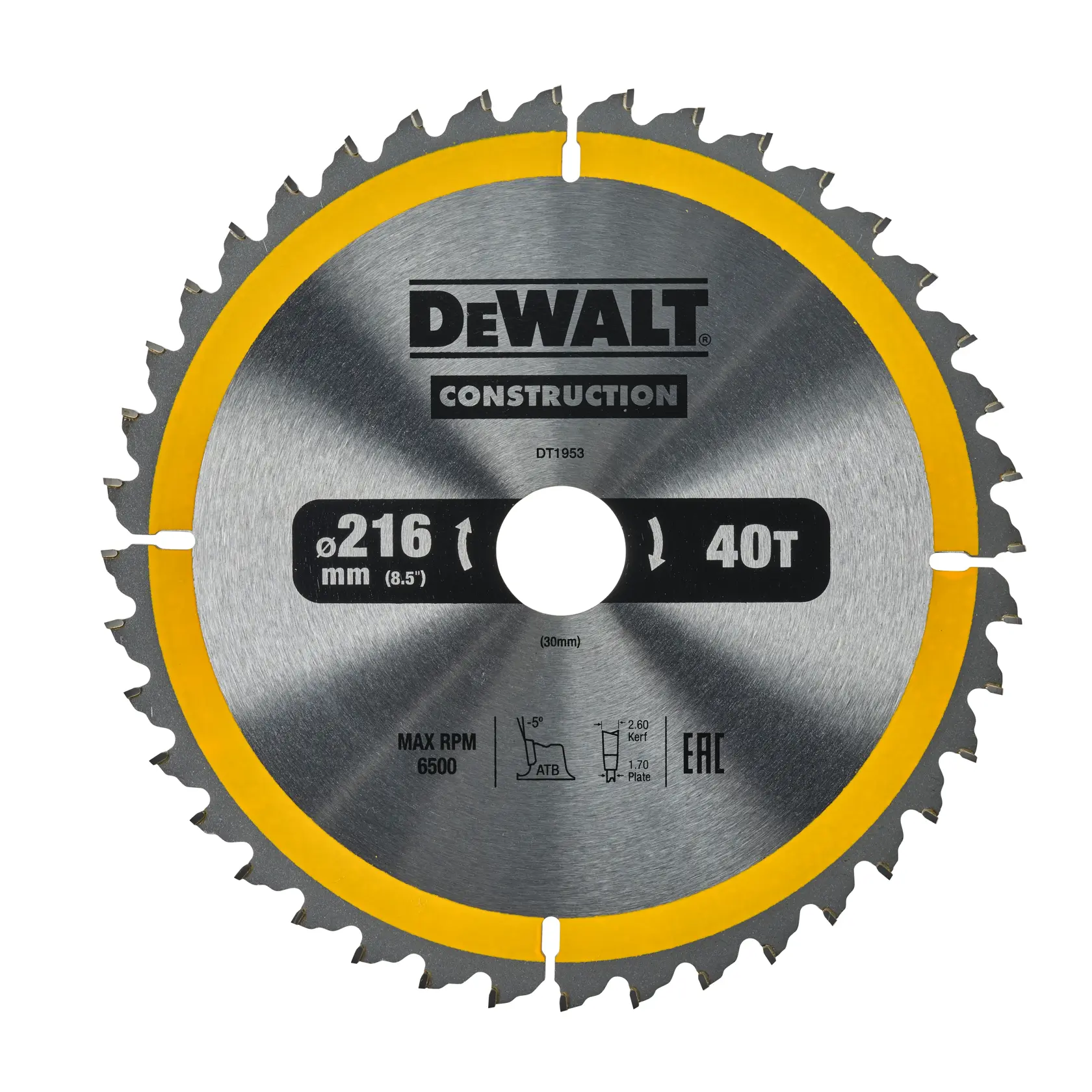 Hoja de sierra circular DEWALT, modelo DT1953, de 216 mm de diámetro y 40 dientes. La hoja es de acero con borde amarillo y tiene marcas para uso en construcción.