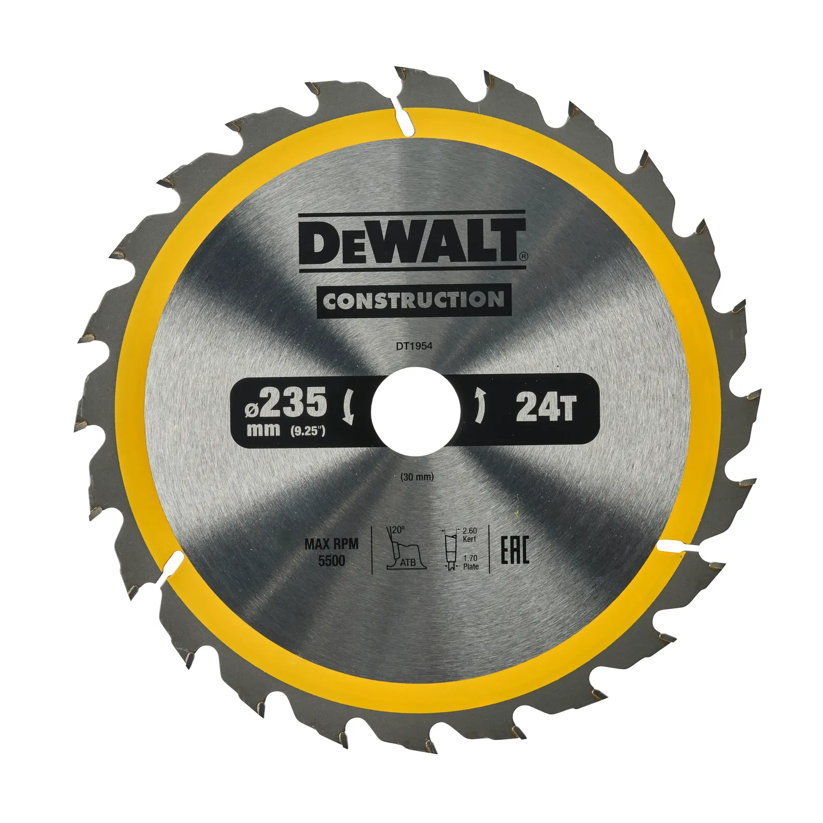 Disco DEWALT DT1954, DT1954-QZ, plateado con borde amarillo, 24 dientes, 235mm, fotografía producto.