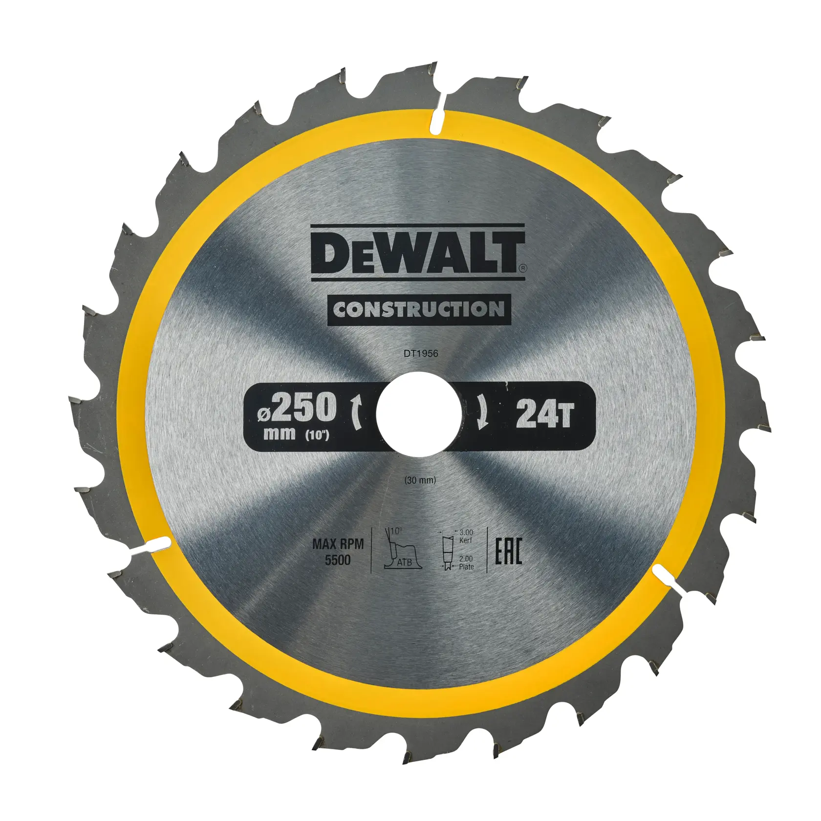 Una hoja de sierra circular de la marca DEWALT, modelo DT1956, diseñada para uso en construcción. La hoja es metálica con un borde amarillo, tiene 24 dientes, un diámetro de 250 mm (10 pulgadas) y otras especificaciones impresas en la hoja.