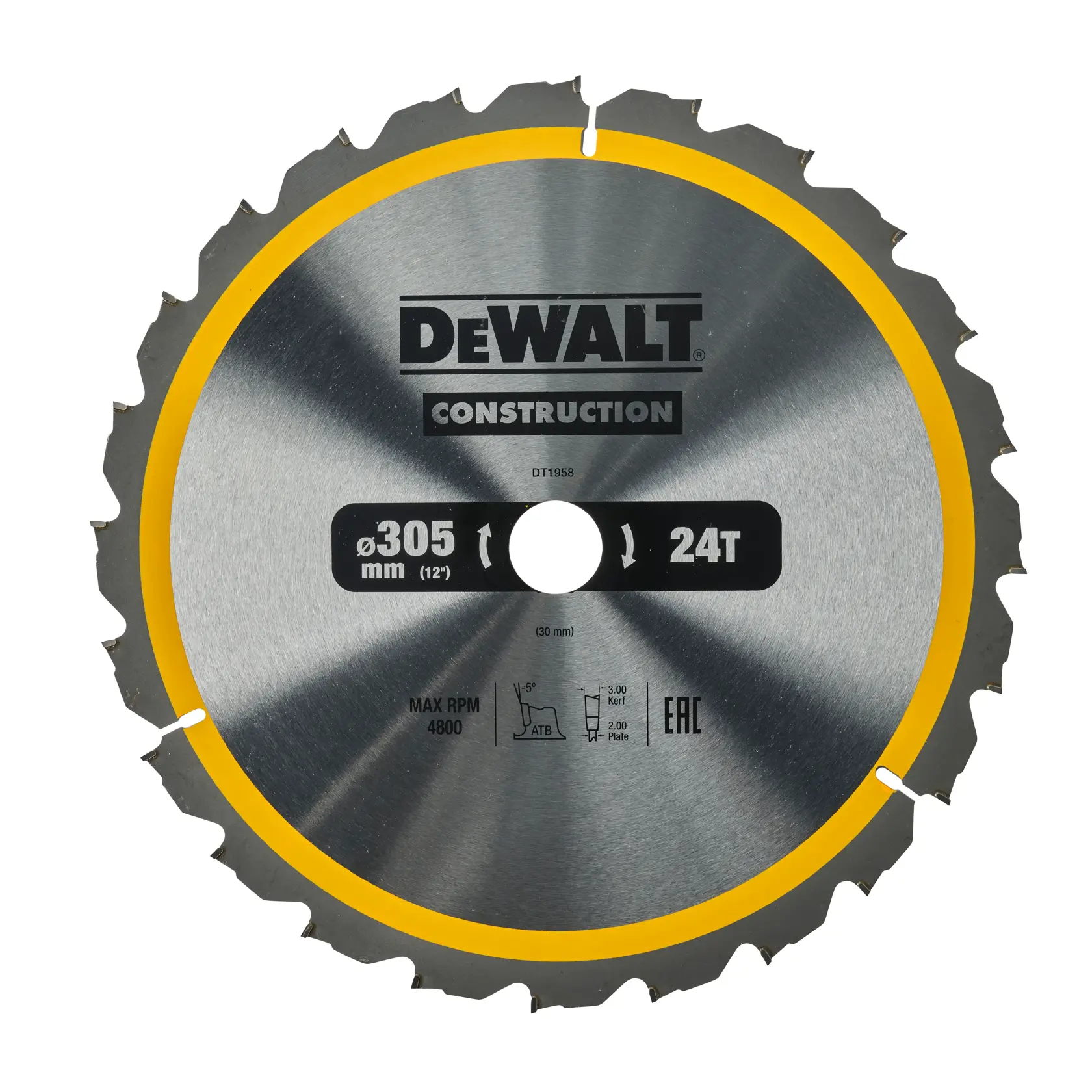 Hoja de sierra circular de construcción DEWALT DT1958, diámetro de 305 mm (12 pulgadas) con 24 dientes, acabado plateado y amarillo, diseñada para aplicaciones de corte de alta velocidad.