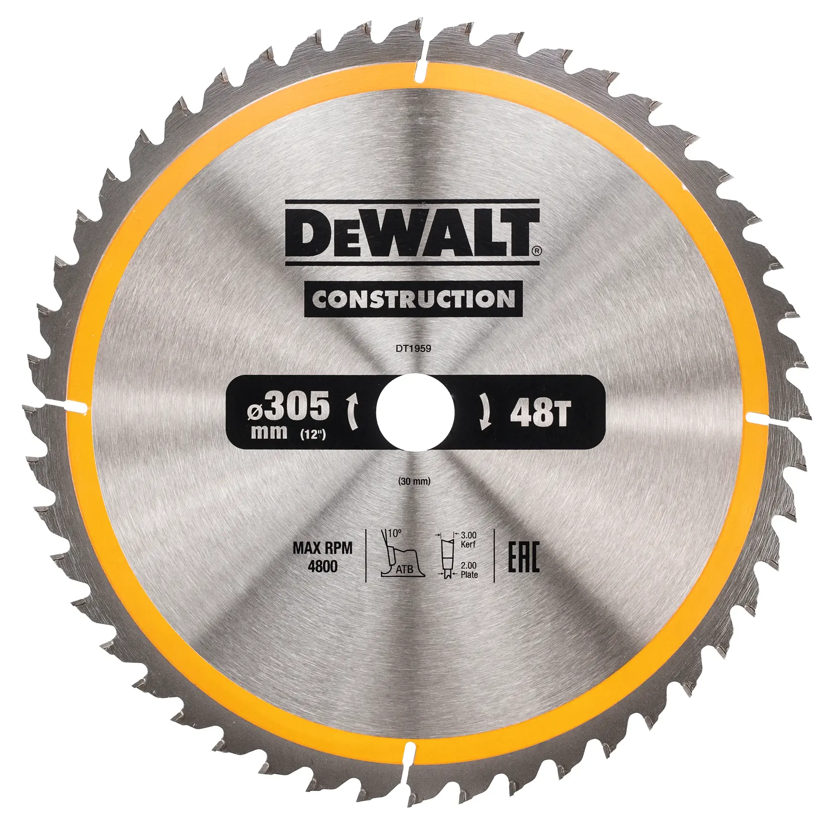 Hoja de sierra circular DEWALT DT1959, 305mm de diámetro, 48 dientes, para construcción.