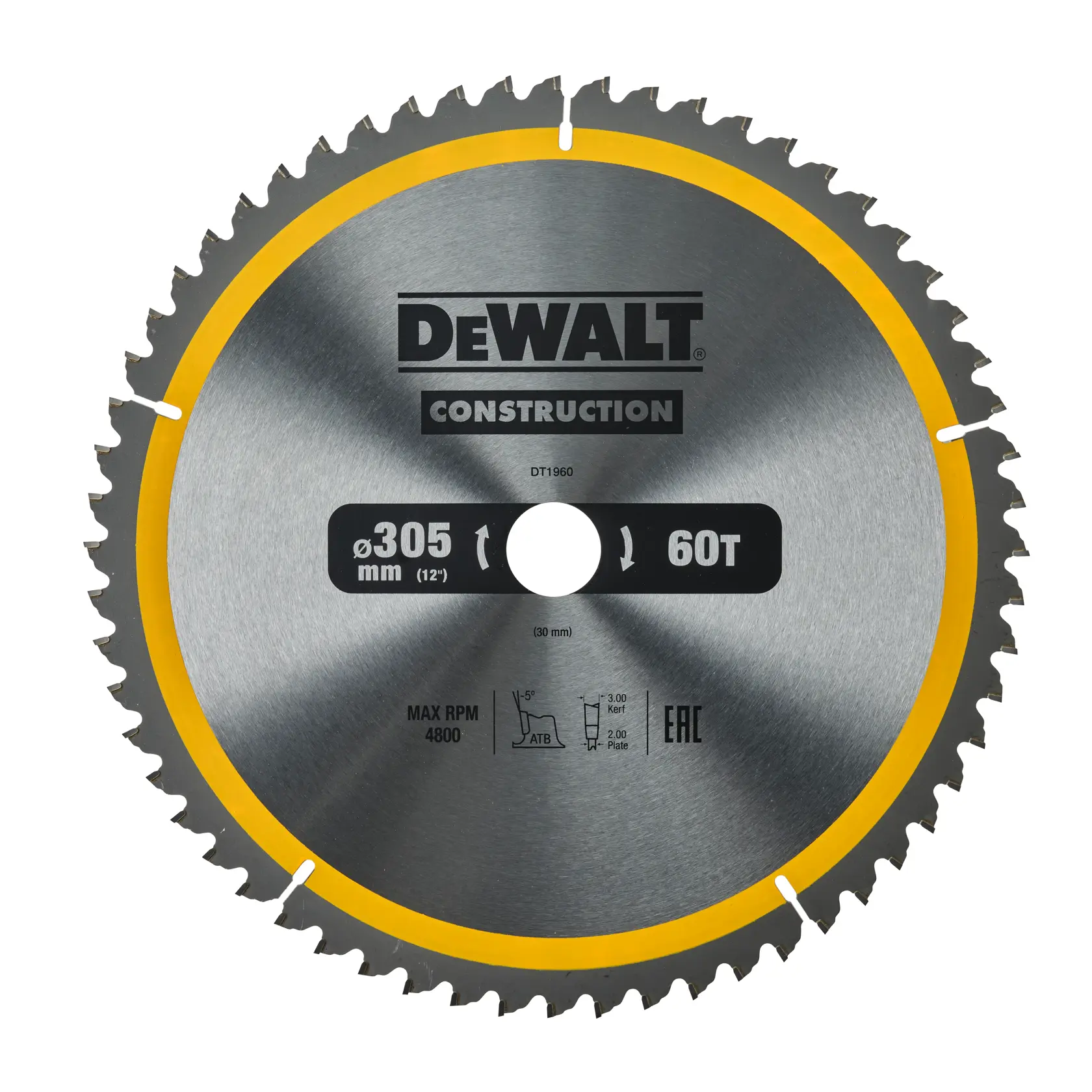 Disco de sierra circular de construcción DEWALT DT1960, diámetro de 305 mm, 60 dientes, color plateado con borde amarillo.