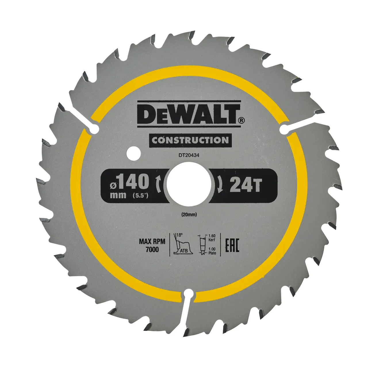DeWalt Hoja Para Sierra Circular Portátil Para Construcción 140X20Mm 24D Atb , 20º · DT20434-QZ