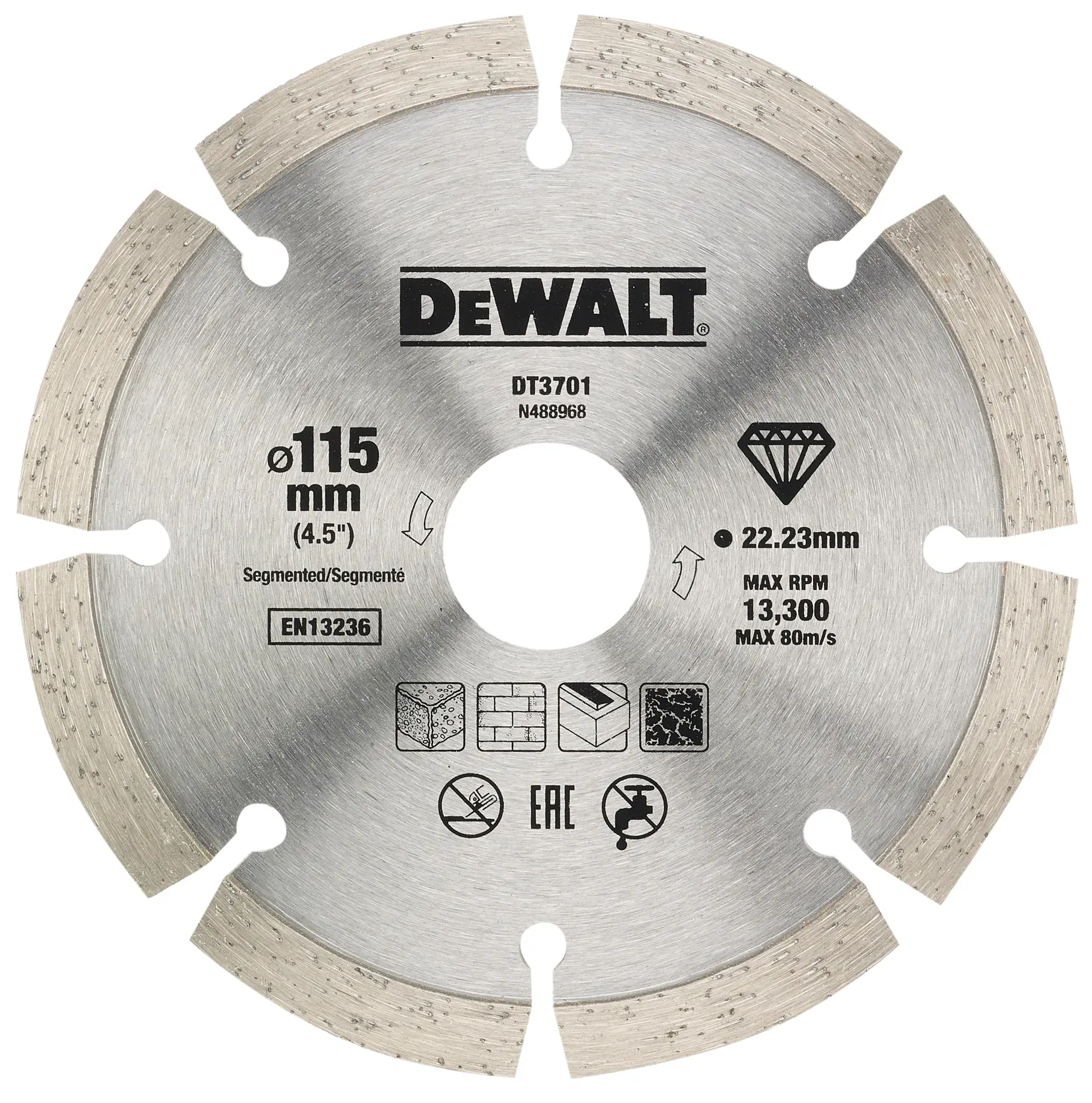 Disco diamantado segmentado DEWALT DT3701, diámetro 115mm, para mampostería, máximo 13300 RPM.