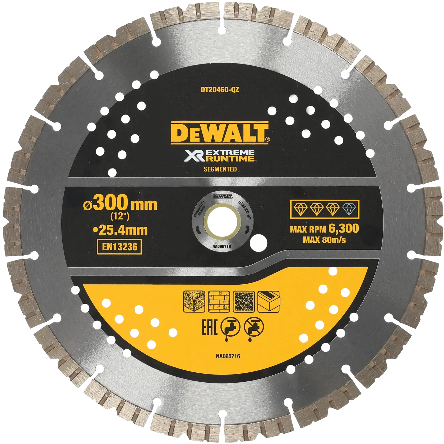 Hoja segmentada DEWALT DT20460, 300mm, para corte de mampostería, máximo 6300 RPM.