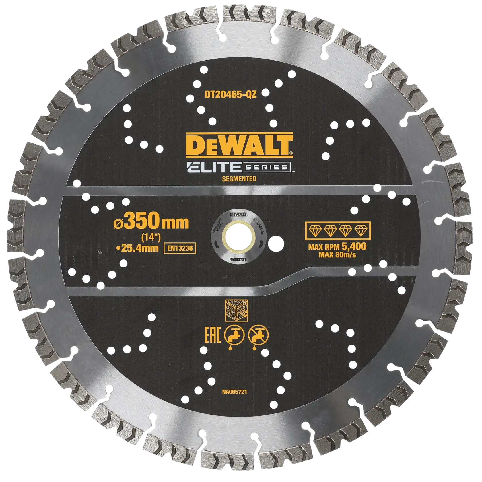 Disco segmentado Elite Series DEWALT, diamante, 350mm, para cortar materiales de construcción.