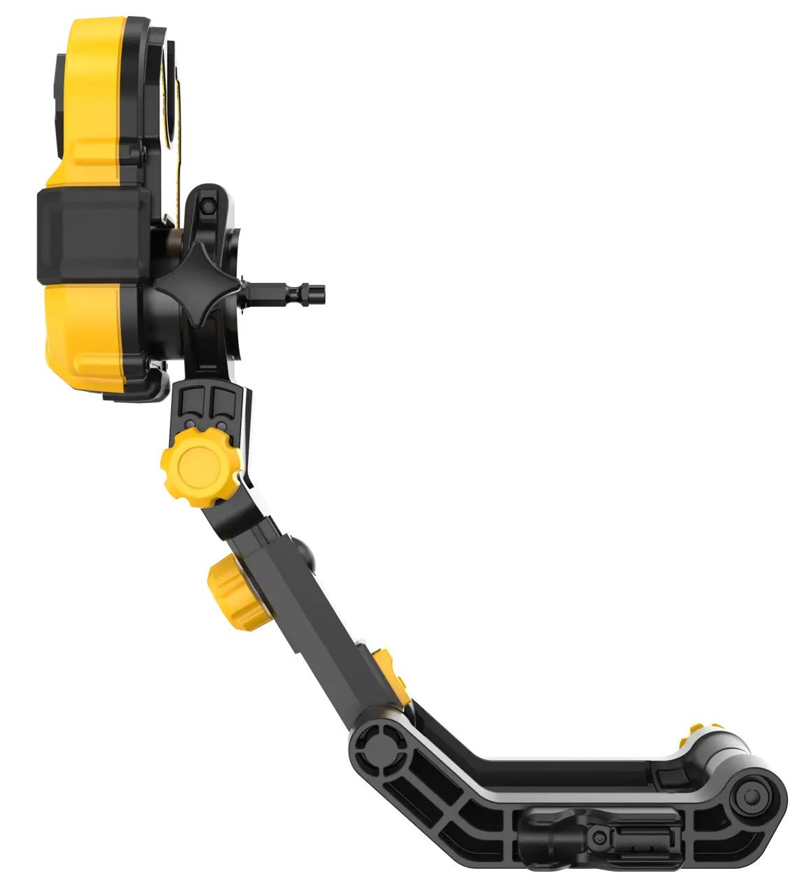 Vista lateral de un soporte de montaje ajustable DEWALT DT20562 en negro y amarillo, diseñado para sujetar de forma segura cámaras o herramientas, con varias perillas y articulaciones para un posicionamiento flexible.