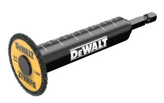 Rueda de corte DEWALT DT20563 con mango negro, disco amarillo y negro con etiquetas de medidas, diseñada para tareas de corte de precisión.
