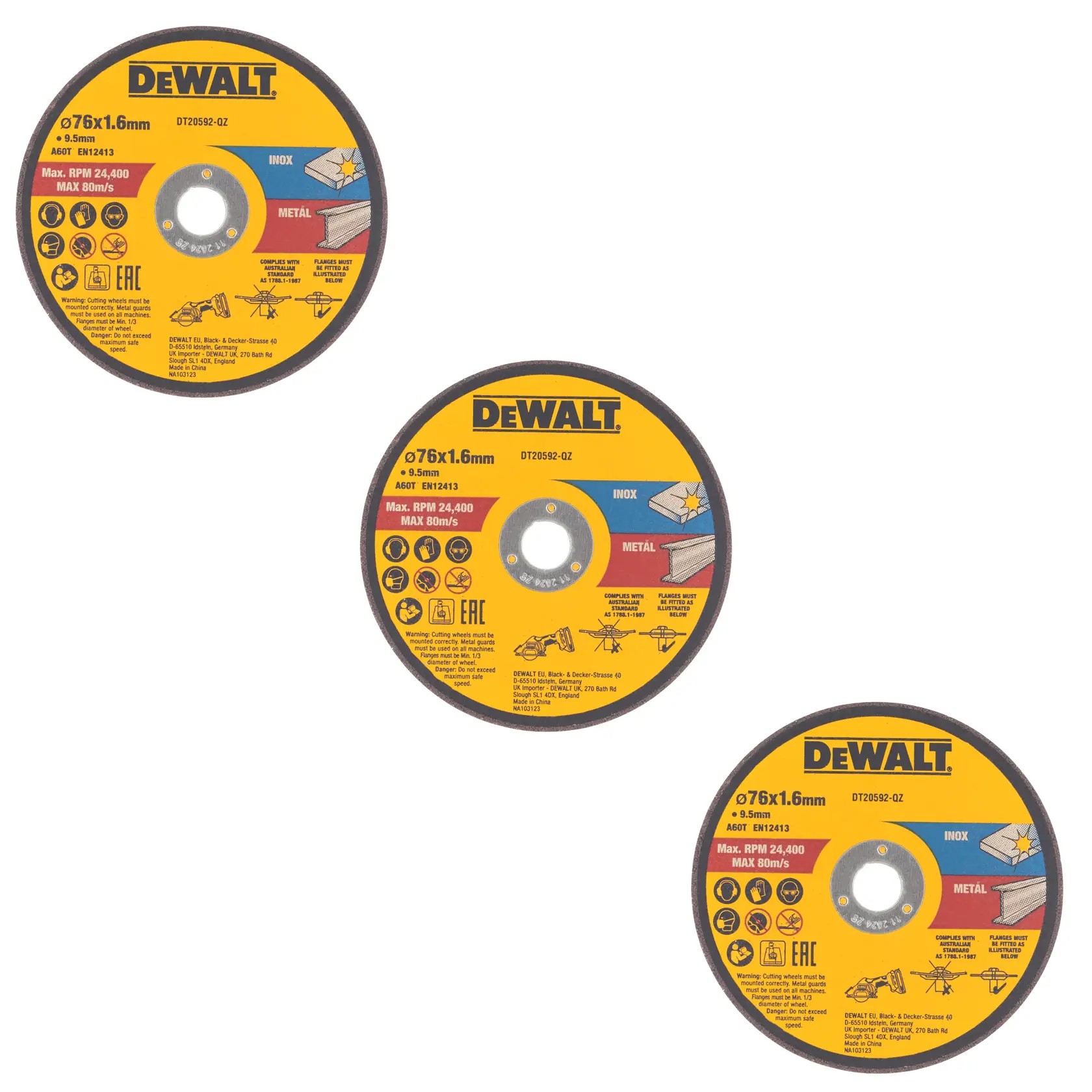 Tres discos de corte de metal DEWALT DT20592-QZ para amoladoras angulares, cada uno con especificaciones como diámetro de 76 mm, grosor de 1,6 mm, adecuados para cortar metal y acero inoxidable (INOX), mostrados con diseño amarillo y negro e iconos de seguridad.