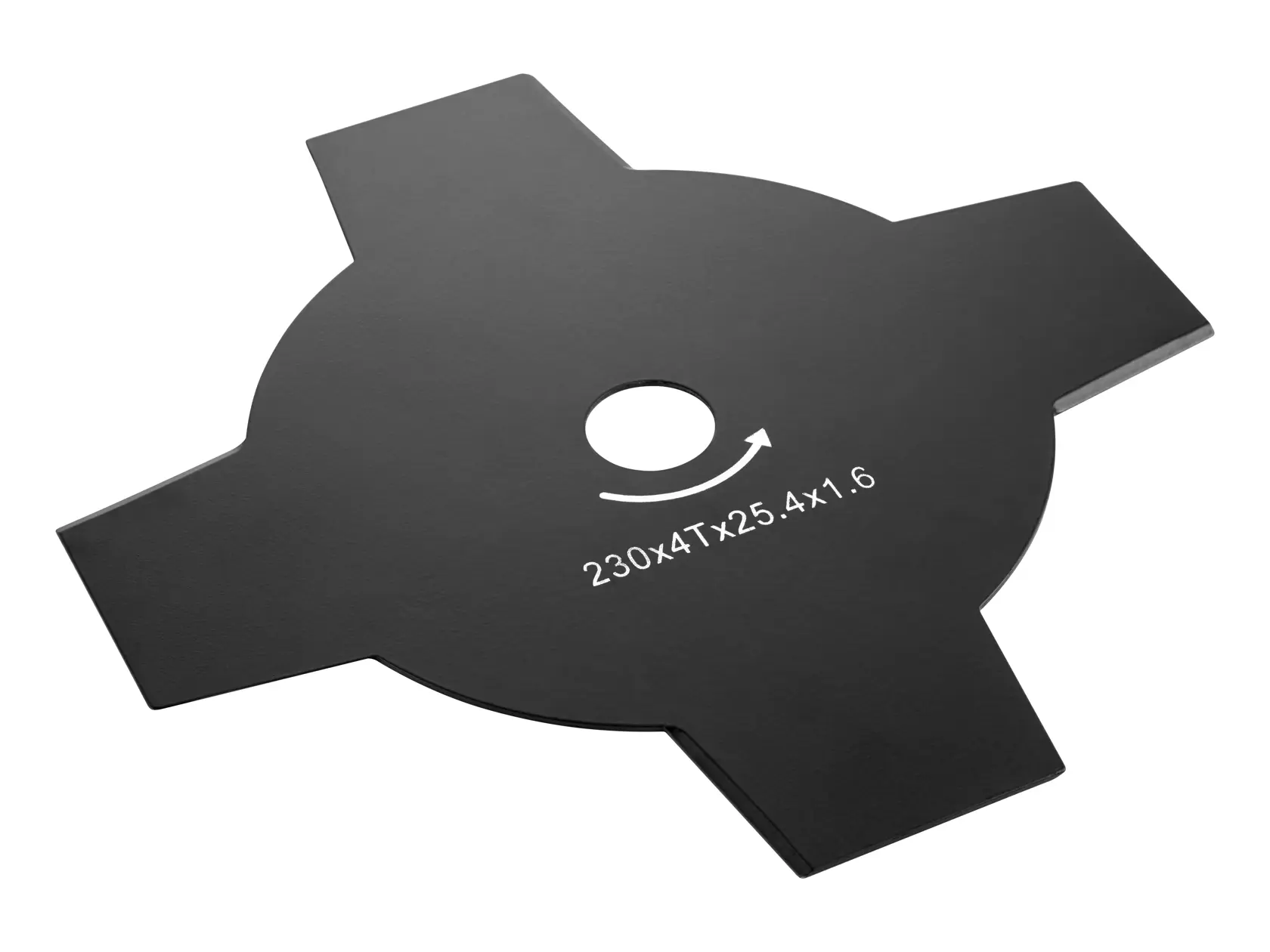 Cuchilla negra DEWALT DT20655 para desbrozadora, cuatro bordes, agujero central y medidas.