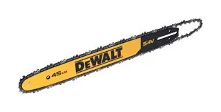 Una barra de motosierra DEWALT de 45 cm con cadena, en colores amarillo y negro y marcado 54V.