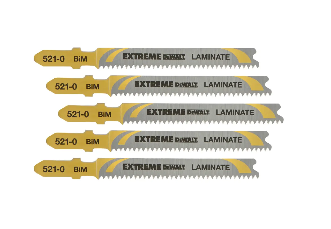 DeWalt Hoja de sierra de calar Extreme bi-metal para material especial, longitud: 82mm, paso de diente: 1.7mm, para cortes limpios y rectos en todo tipo de laminados de hasta 15mm de espesor · DT2080-QZ