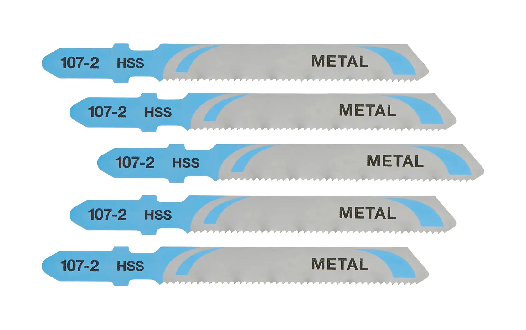 Foto de hojas para sierra caladora DEWALT DT2160 metal, paquete de 5, vista recta, azul y plata.