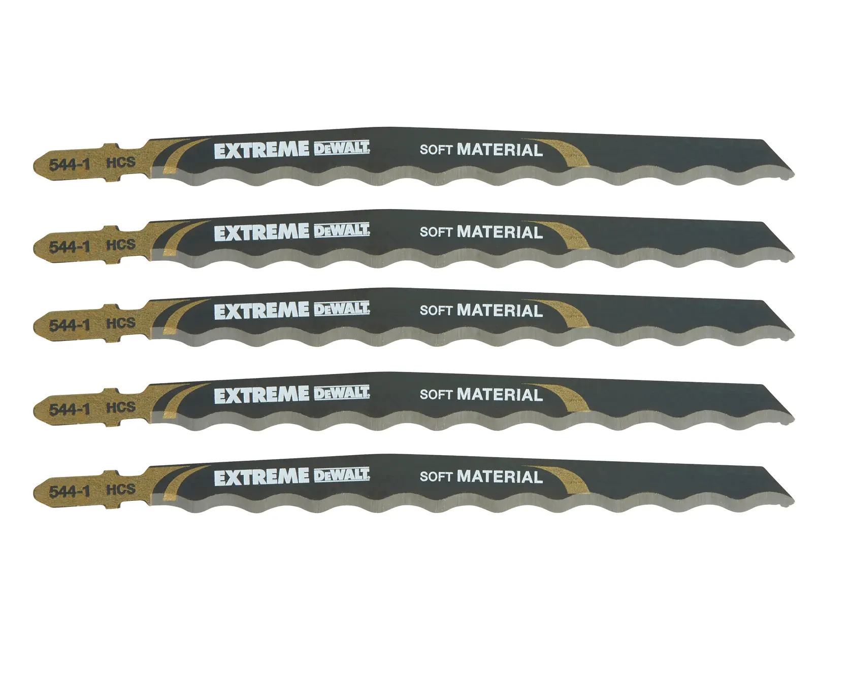 Foto de cinco hojas de caladora DEWALT DT2201 para material blando, negras y doradas, dispuestas planas.