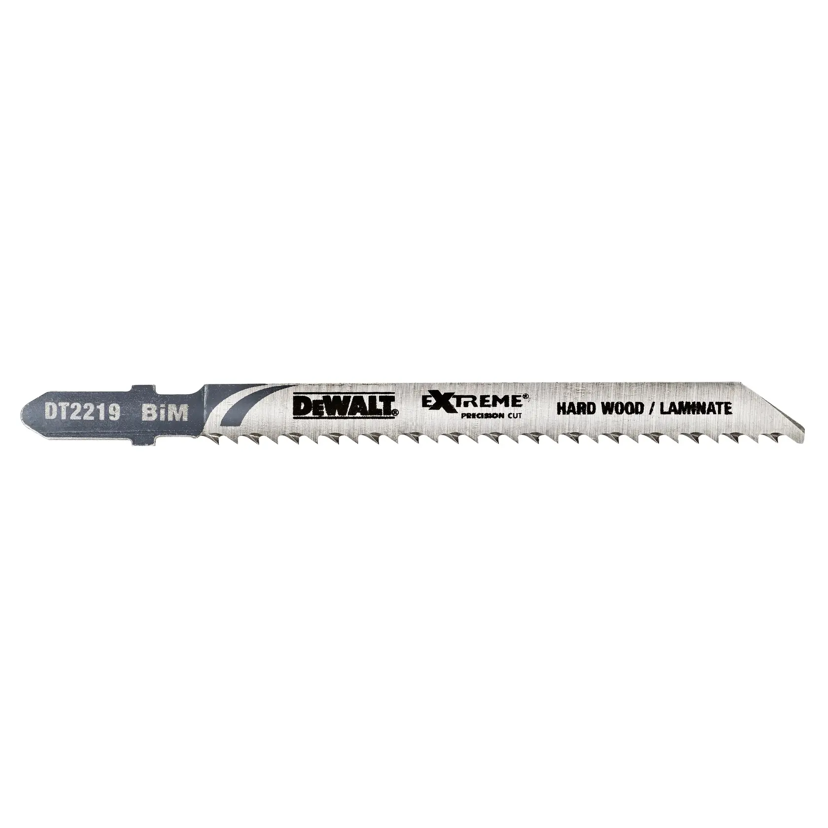 Foto de hoja de caladora DEWALT para madera dura, laminado, SKU DT2219, plateada con texto negro, vista lateral.