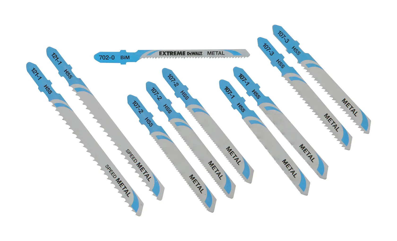 Foto de hojas de sierra DEWALT para metal, plateadas y azules, SKU DT2292-QZ, DT2292, fondo blanco.