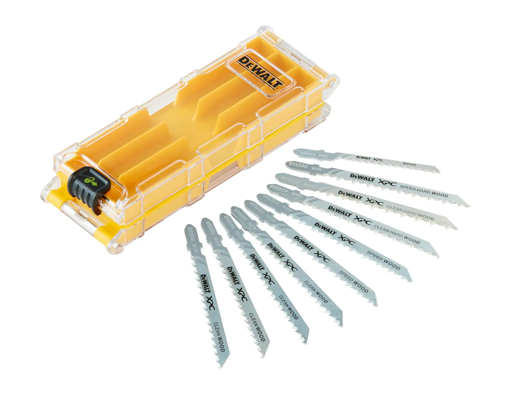 Foto juego de sierras caladoras DEWALT con estuche amarillo, SKU DT2296, DT2296-QZ, en fondo blanco.