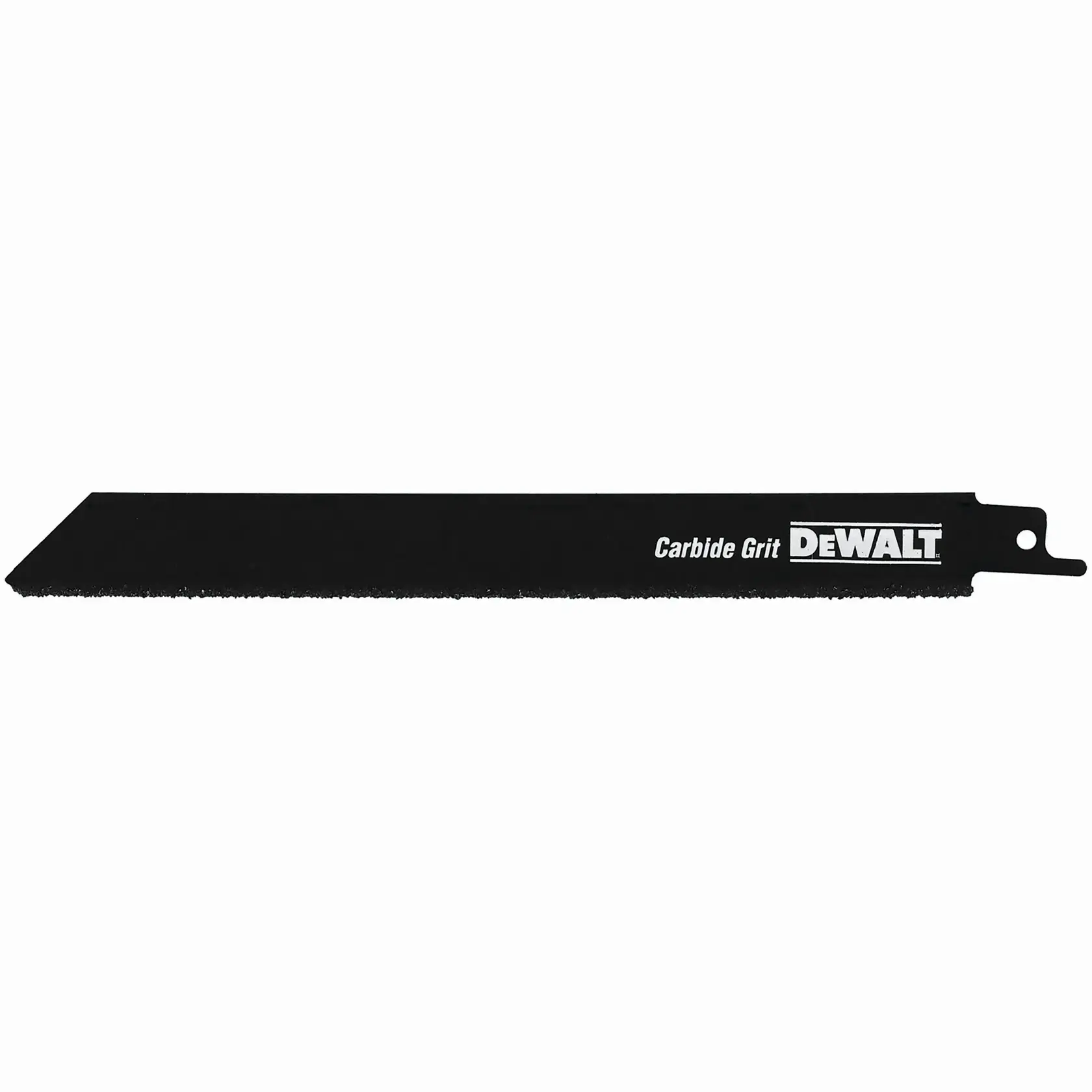 Una hoja de sierra reciproca negra DEWALT de carburo, DT2333, adecuada para cortar materiales resistentes.