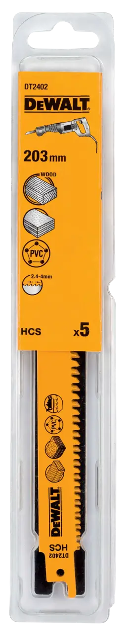 DeWalt Hoja de sierra sable HCS, longitud: 203mm, paso de diente: 2.4-4mm, hoja Progressor para corte en madera de construcción (6mm - 150mm), aglomerado y MDF (6mm - 60mm), contrachapado, plástico (6mm - 150mm), paneles de madera (hasta 175mm) · DT2402-QZ