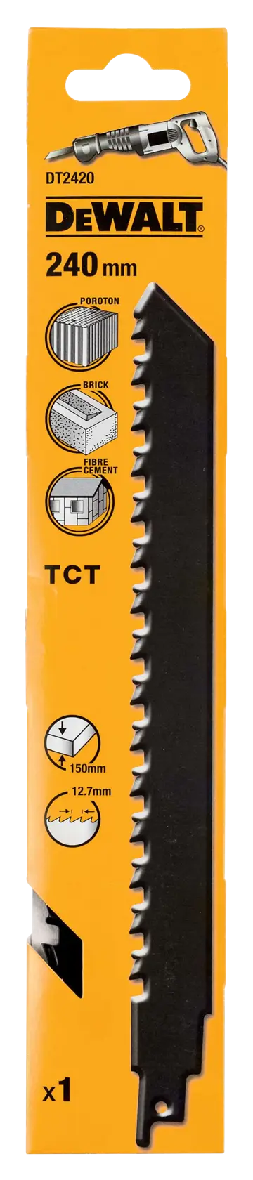 DEWALT DT2420 hoja de 240mm en caja amarilla, apta para cortar ladrillo, poroton y cemento fibroso.
