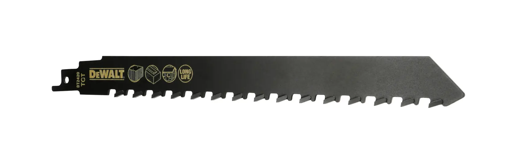 Hoja de sierra recíproca DEWALT DT2420 negra, larga vida útil, adecuada para madera, embalaje visible.