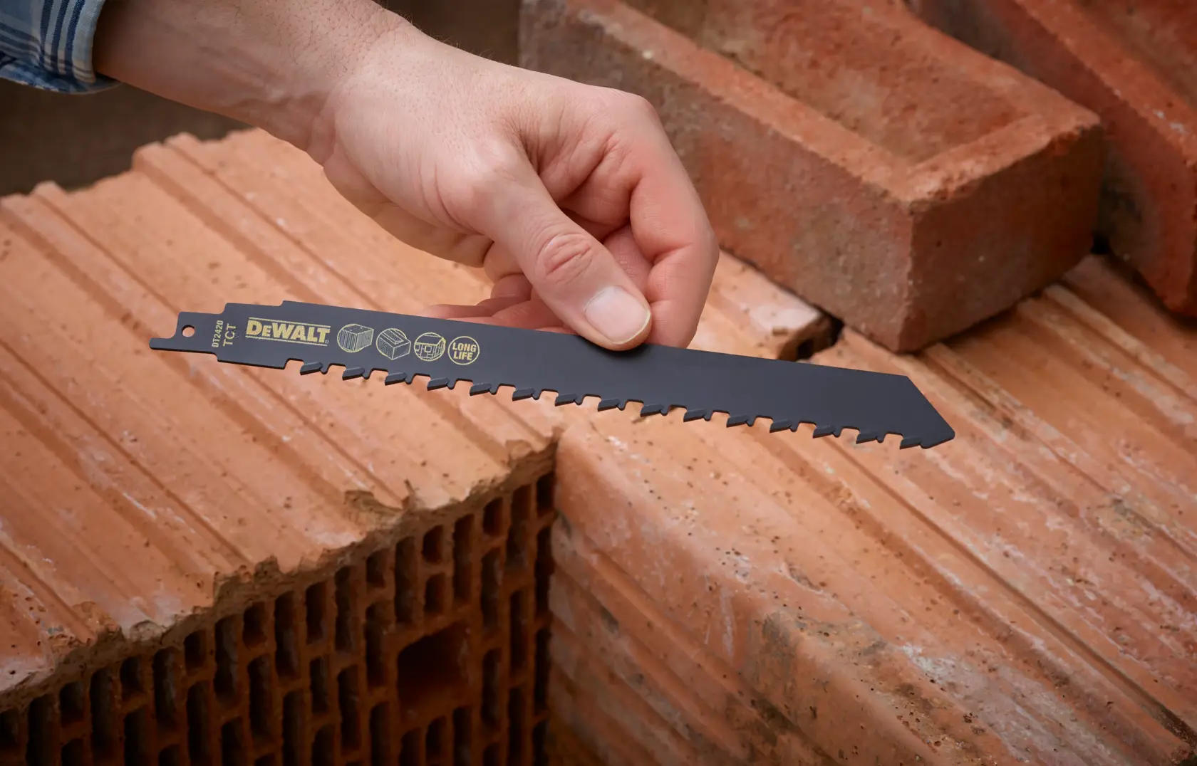 Mano sostiene hoja DEWALT DT2420 sobre ladrillos, útil para corte de mampostería.