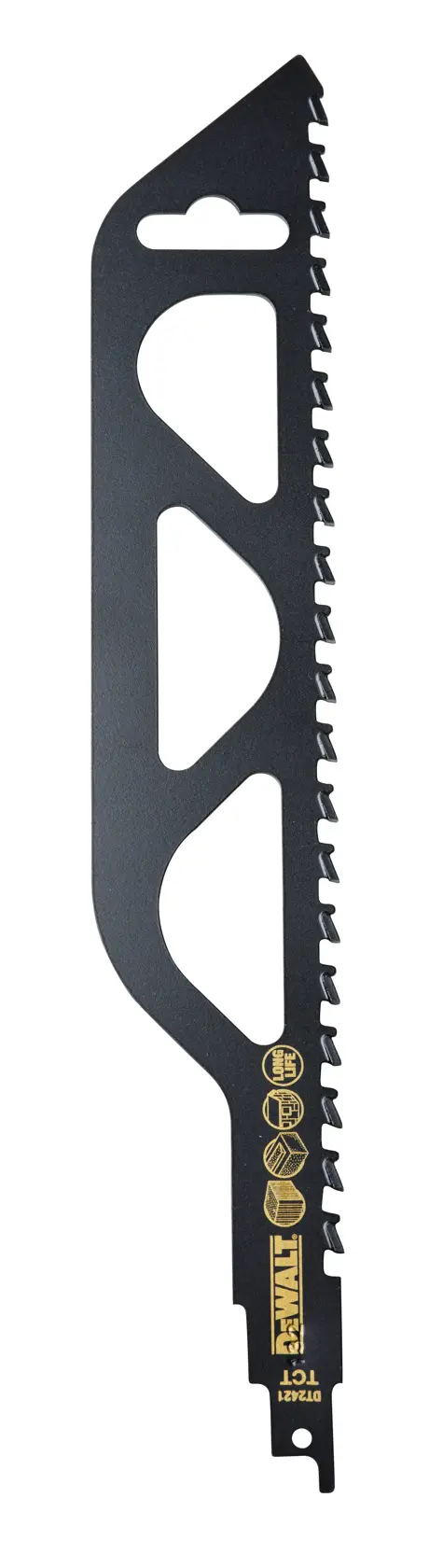 Hoja negra de sierra DEWALT DT2421 con dientes para cortar madera o metal.