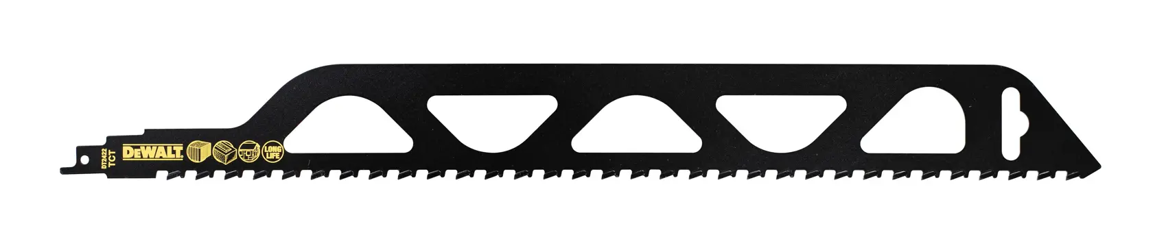 Hoja de sierra sable negra DEWALT DT2422, dientes angulados y diseño calado, sobre fondo blanco.