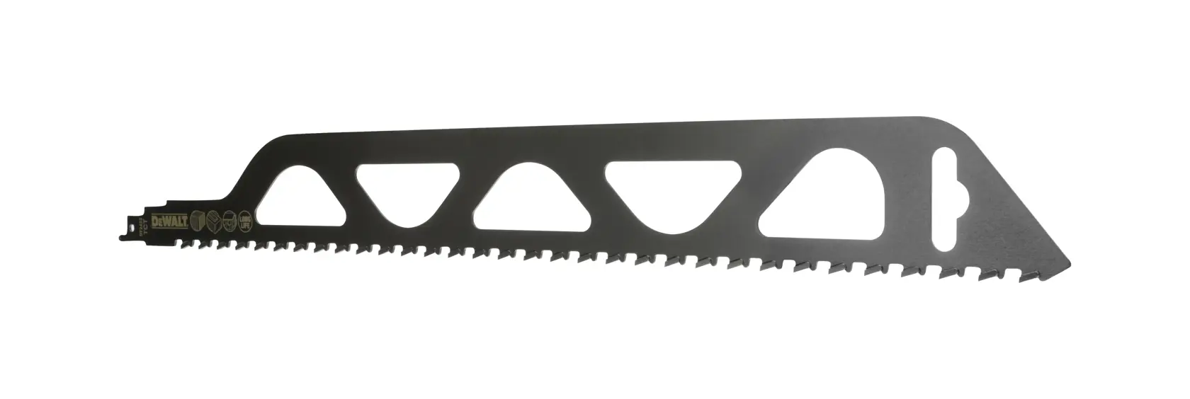 Hoja de sierra DEWALT DT2422 negra con diseño de dientes angulados, sobre fondo blanco.