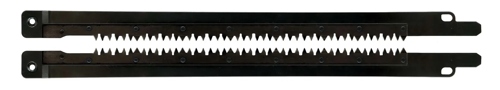 Dos hojas negras DEWALT para sierra recíproca con bordes dentados sobre fondo blanco.