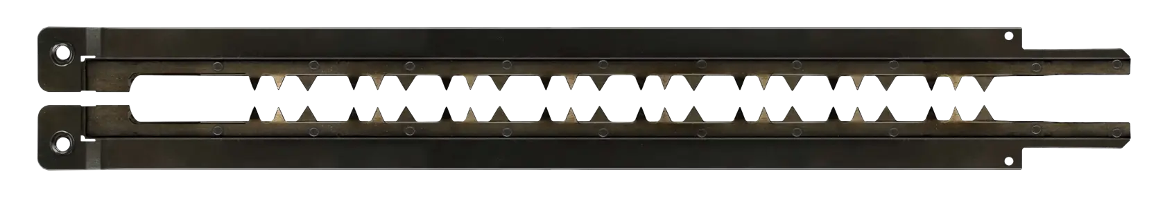 Un par de hojas de sierra de repuesto DEWALT con dientes dentados, diseñadas para uso con herramientas eléctricas, mostradas sobre un fondo blanco.