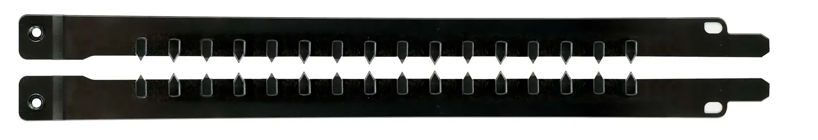Panel de metal negro con ranuras y agujeros para organizar cables o herramientas.
