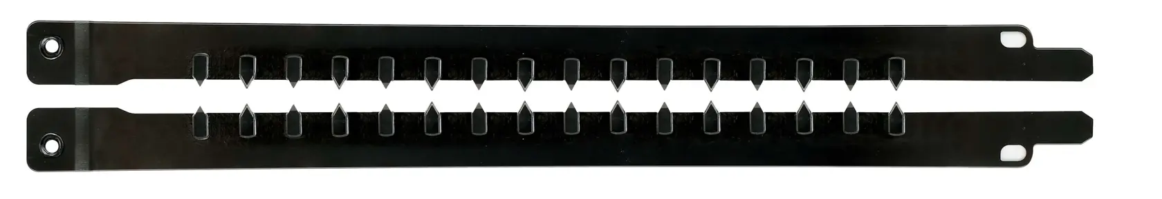 Barra guía negra de metal con ranuras para organizar o sostener herramientas y accesorios.