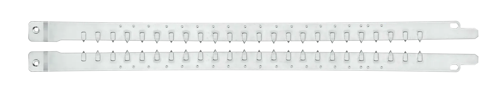 Dos tiras metálicas con agujeros y muescas, mostradas horizontalmente sobre fondo blanco.