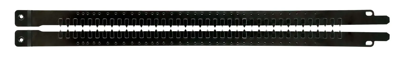 Dos tiras metálicas negras con dientes, probablemente hoja de repuesto para herramienta DEWALT.