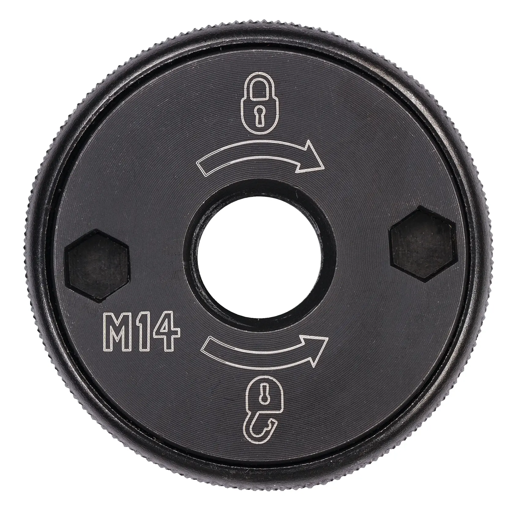 Anillo de bloqueo DEWALT DT3559 M14 con símbolos de candado y flechas para accesorios.