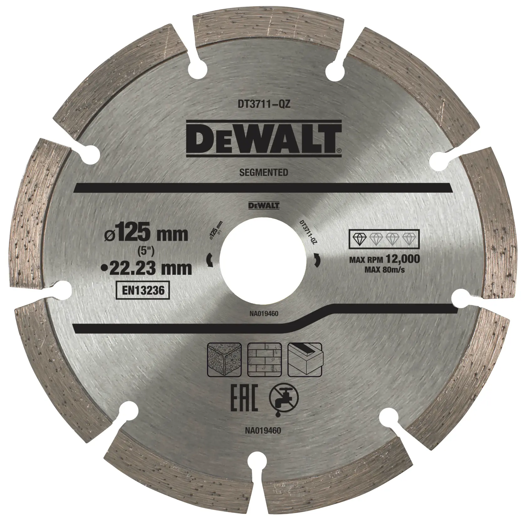 Disco segmentado DEWALT de diamante, 125mm, para cortar piedra, concreto y materiales. Modelo DT3711.