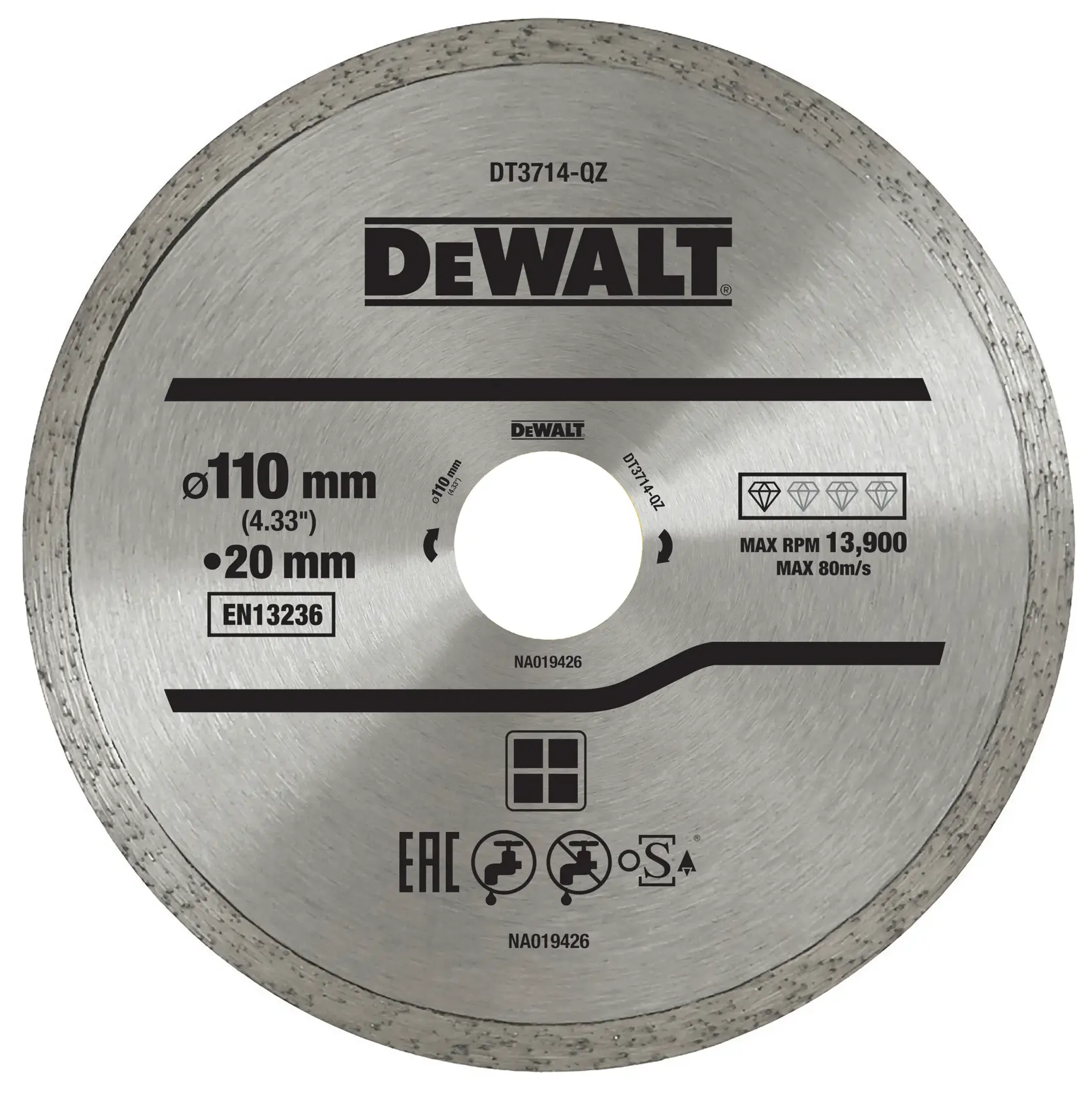 Disco diamantado DEWALT DT3714 110mm con agujero central 20mm, color plata, con detalles impresos.