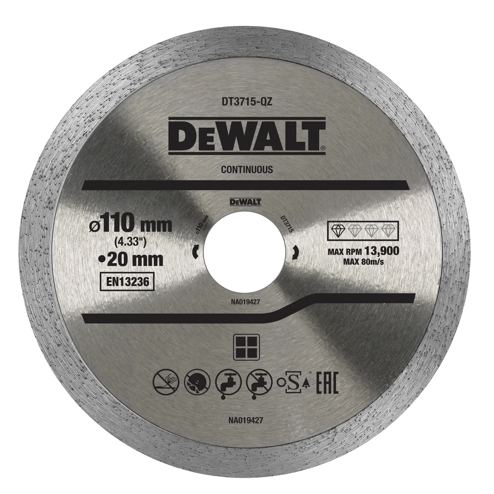 DEWALT DT3715 disco diamantado 110mm para corte continuo, apto para azulejos y piedra.