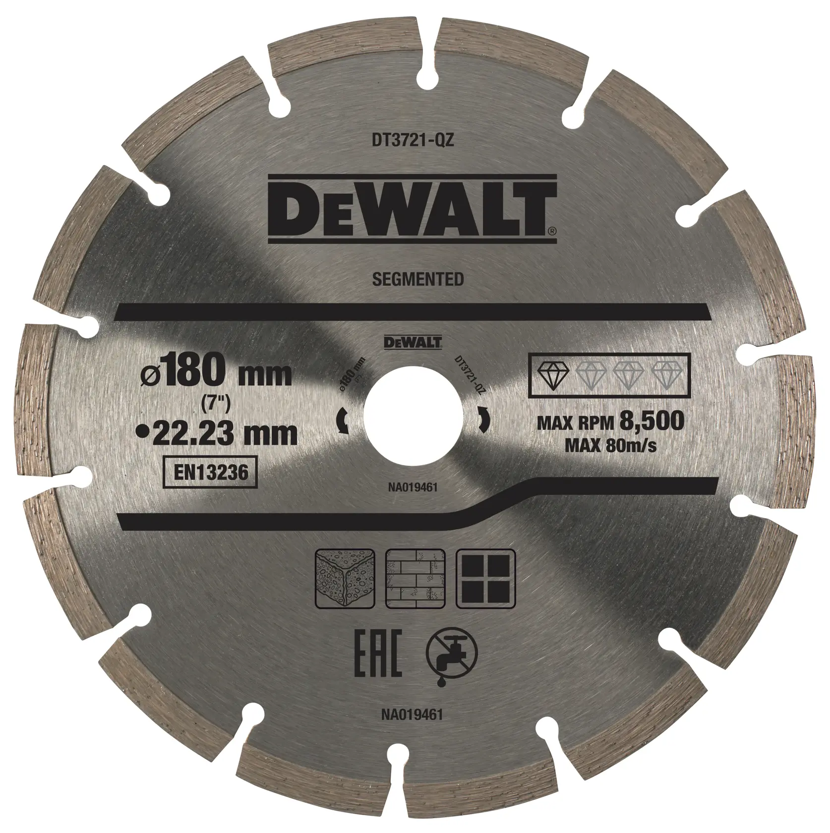 Disco segmentado de diamante DEWALT, 180mm, para cortar piedra, ladrillo o concreto.