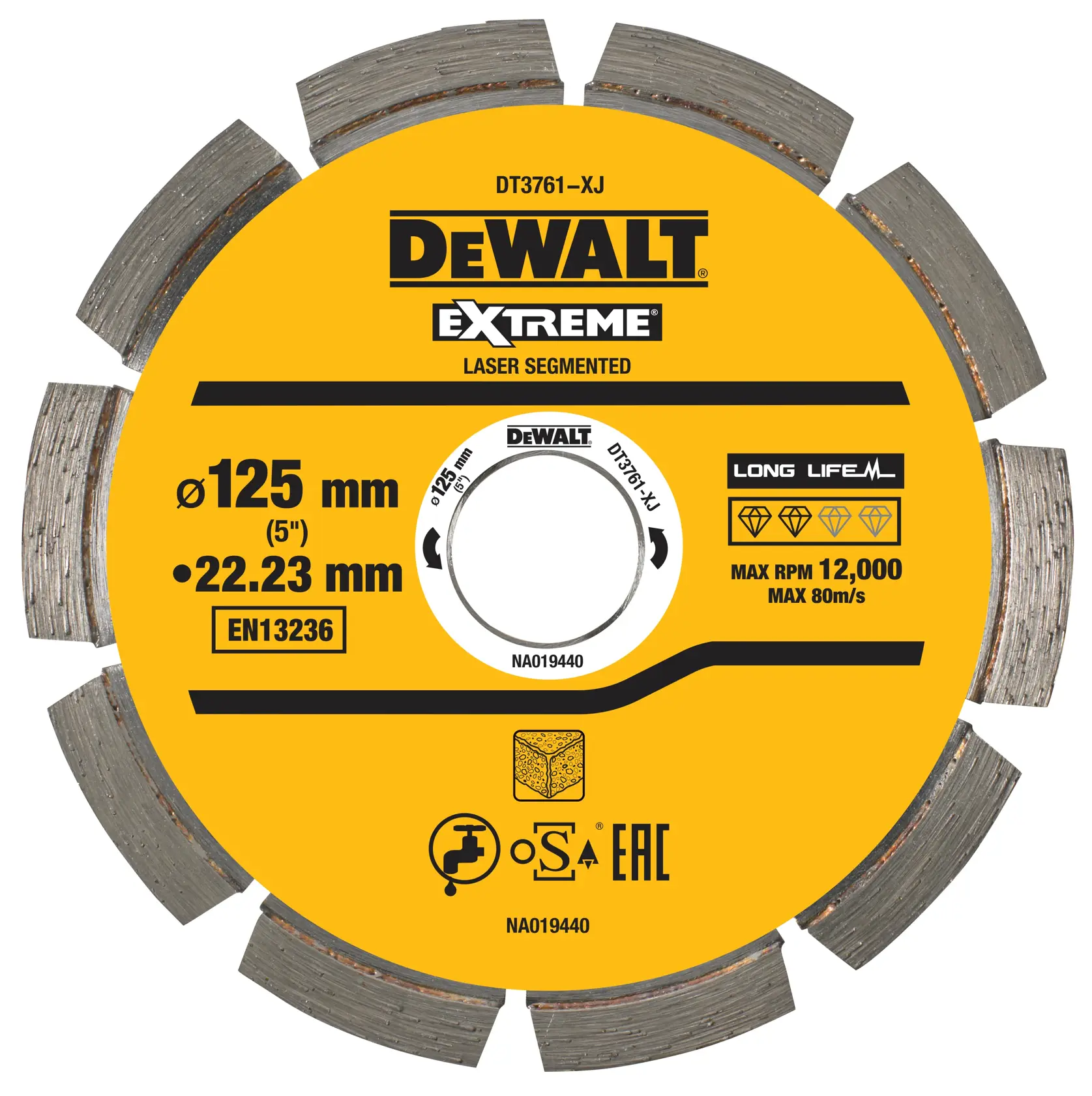Disco de diamante segmentado por láser DEWALT DT3761 Extreme de color amarillo, diámetro de 125 mm y agujero de 22,23 mm, adecuado para cortar materiales, con velocidad máxima de 12.000 RPM y marcado para larga vida útil y normas de seguridad.