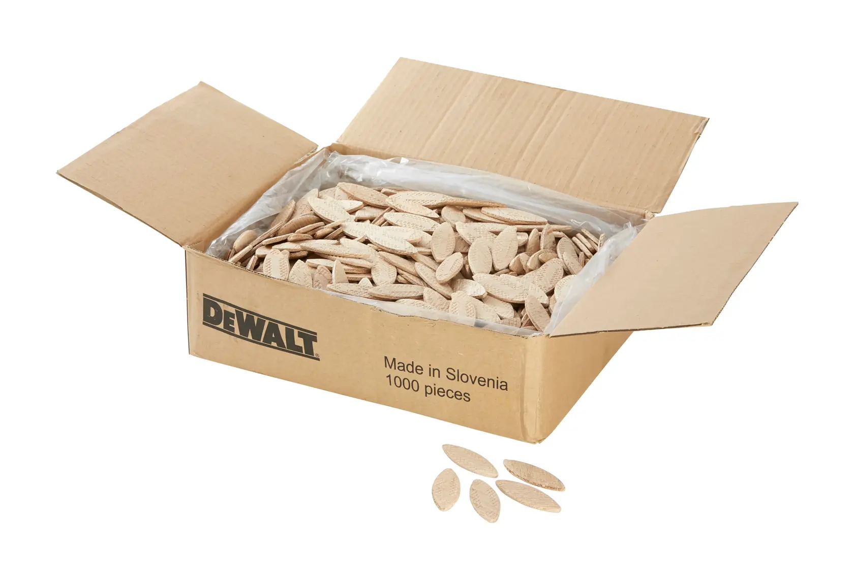 Caja DEWALT abierta con galletas de madera, rotulada 'Made in Slovenia, 1000 pieces', algunas fuera.